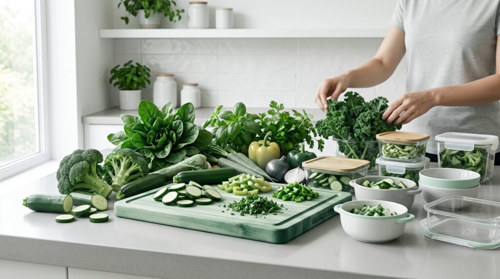 Personne préparant des légumes frais sur une planche à découper dans une cuisine moderne.