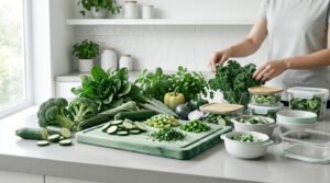 Personne préparant des légumes frais sur une planche à découper dans une cuisine moderne.