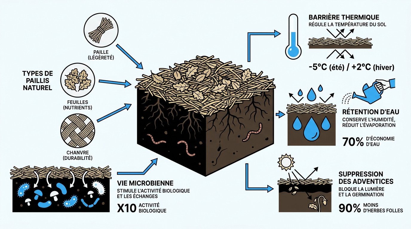 Illustration des bénéfices du paillage naturel sur la structure du sol