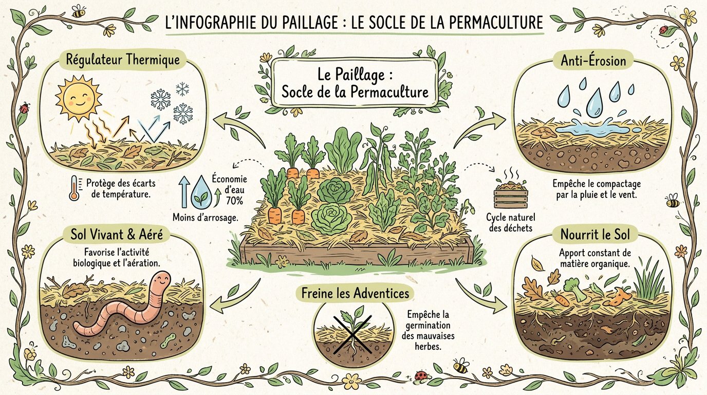 Infographie expliquant les bénéfices du paillage organique en permaculture