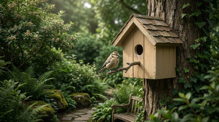 Une mésange perchée sur un nichoir en bois fixé à un arbre dans un jardin luxuriant.