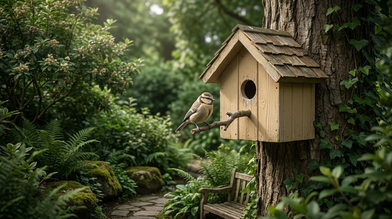 Une mésange perchée sur un nichoir en bois fixé à un arbre dans un jardin luxuriant.