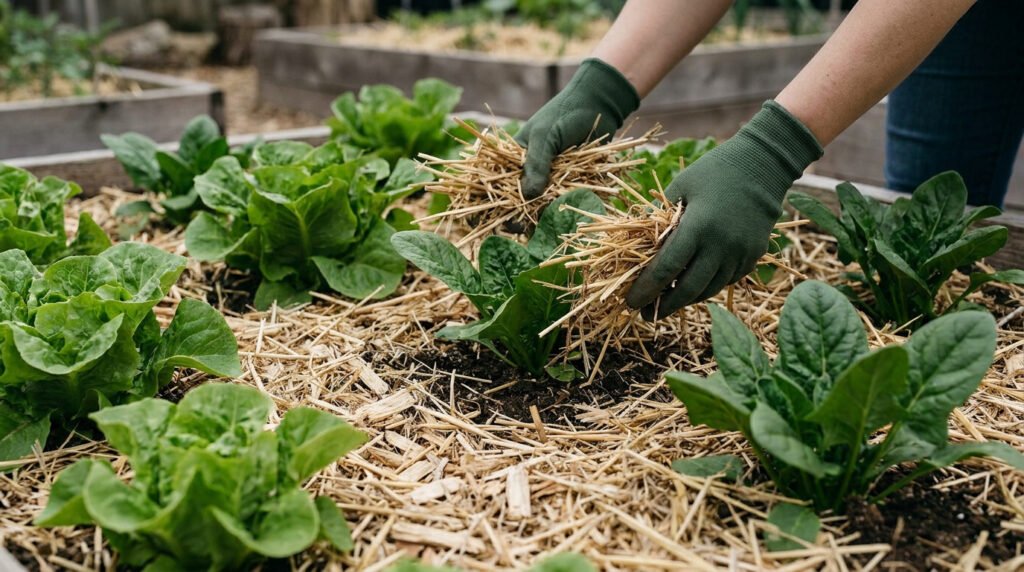 Mains gantées de vert déposant de la paille autour de jeunes pousses de salades dans un potager surélevé.