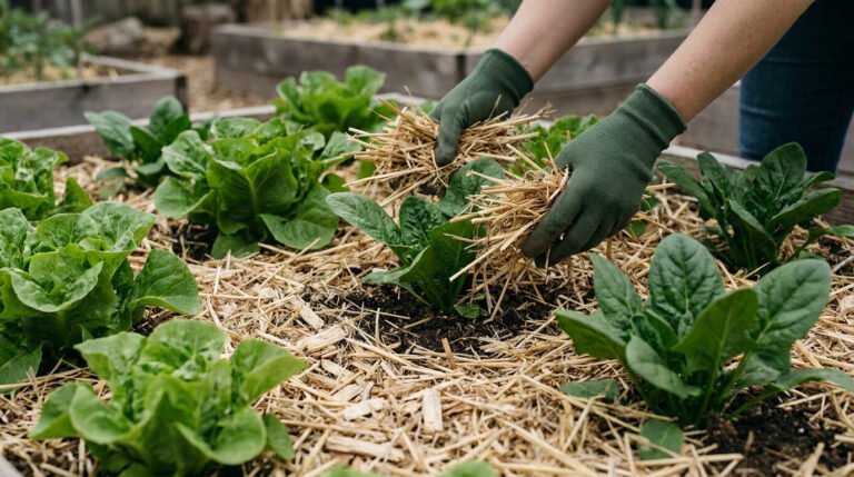 Mains gantées de vert déposant de la paille autour de jeunes pousses de salades dans un potager surélevé.