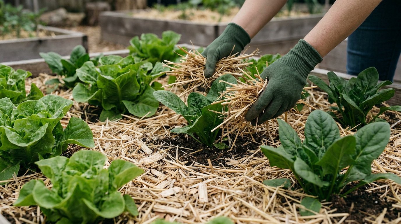 Mains gantées de vert déposant de la paille autour de jeunes pousses de salades dans un potager surélevé.