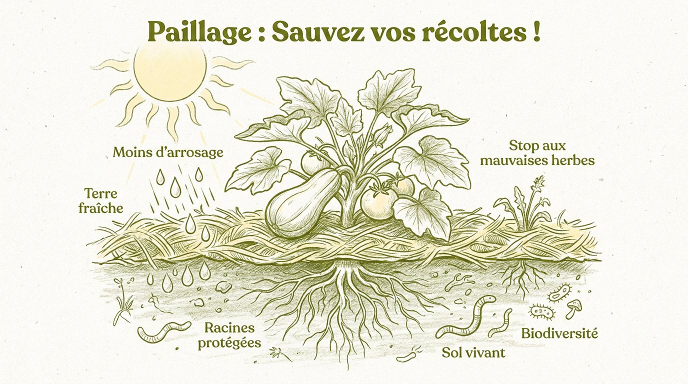 Paillage organique au pied des plants de tomates pour conserver l'humidité en été
