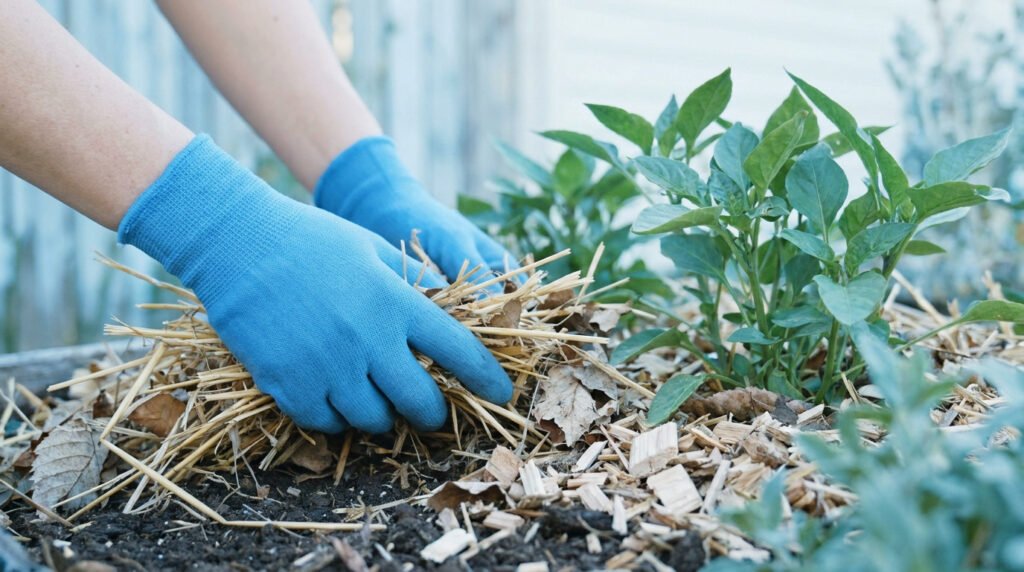 Mains avec gants bleus étalant de la paille autour de jeunes plants dans un potager.