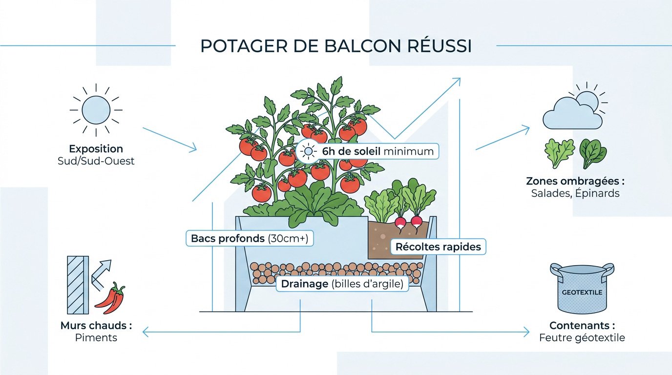 Aménagement d'un potager productif sur un balcon ensoleillé avec des bacs de culture