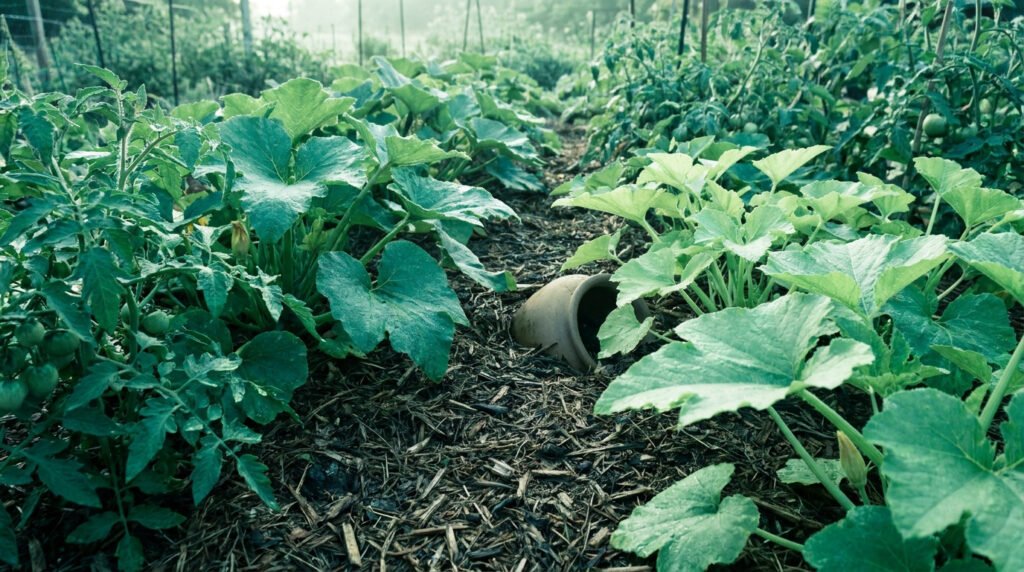 Un pot en terre cuite enterré dans un potager pour l'irrigation, entouré de plants de courgettes et de tomates.