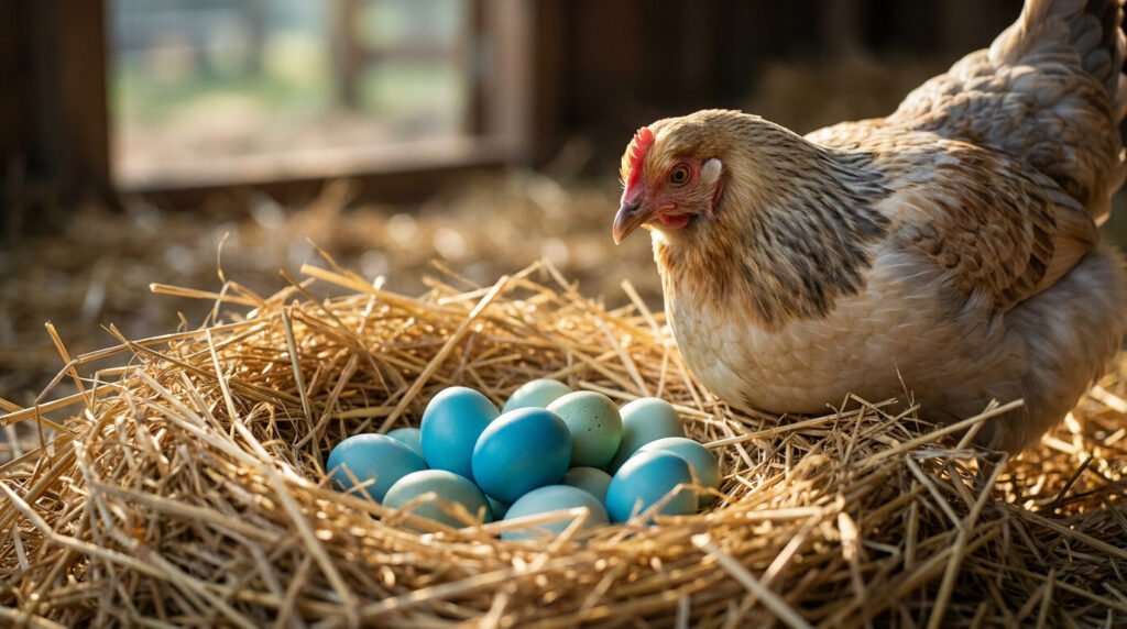 Une poule au plumage clair posée à côté d'un nid rempli d'œufs aux coquilles bleu turquoise dans un poulailler.