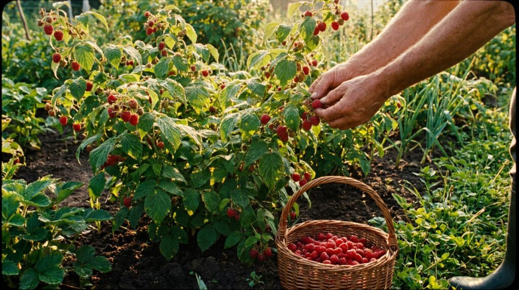 Mains d'une personne récoltant des framboises mûres sur un buisson dans un panier en osier au jardin.