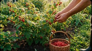 Mains d'une personne récoltant des framboises mûres sur un buisson dans un panier en osier au jardin.