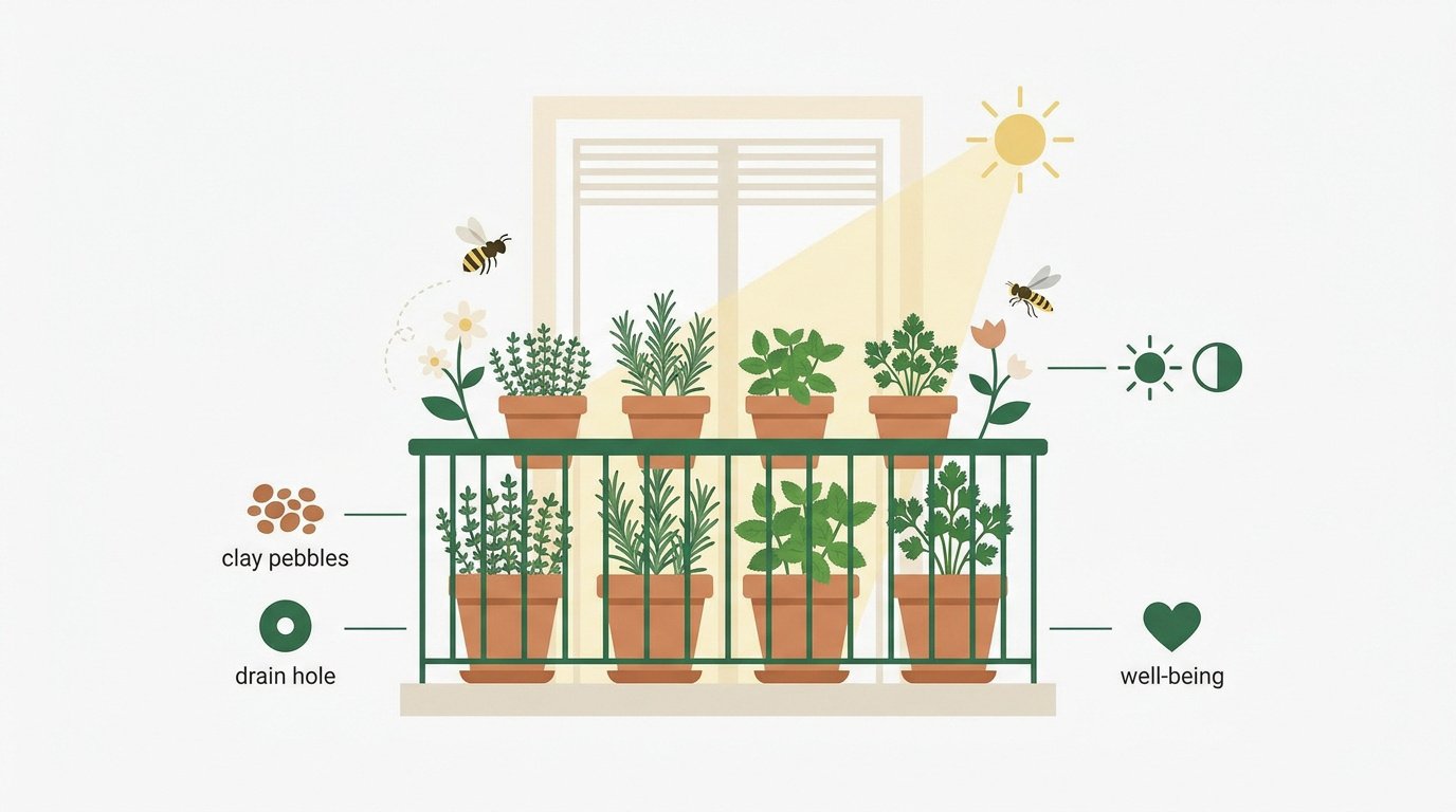 Plantes aromatiques en pots sur un balcon ensoleillé