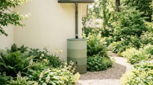 Un récupérateur d'eau de pluie cylindrique vert installé contre le mur d'une maison dans un jardin verdoyant.