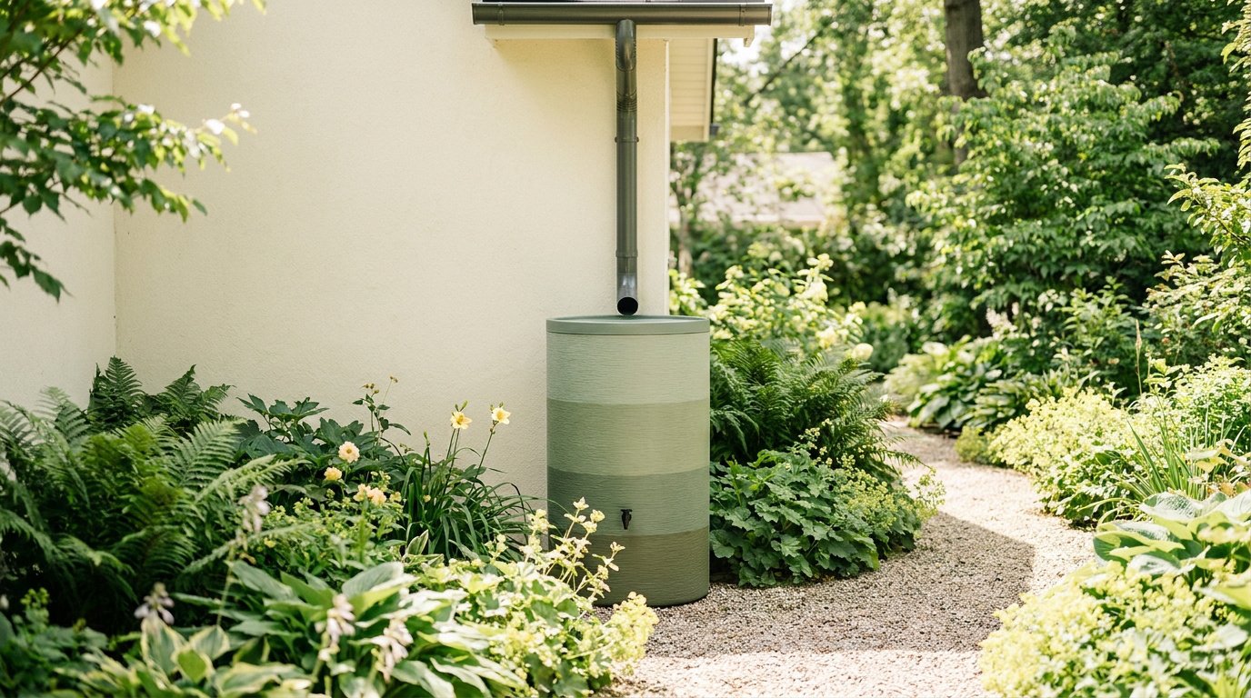 Un récupérateur d'eau de pluie cylindrique vert installé contre le mur d'une maison dans un jardin verdoyant.