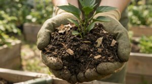Mains gantées tenant une poignée de terre riche et une jeune pousse verte dans un potager ensoleillé.