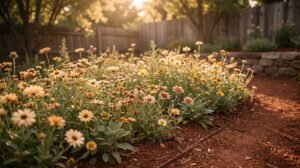 Prairie fleurie ensoleillée dans un petit jardin