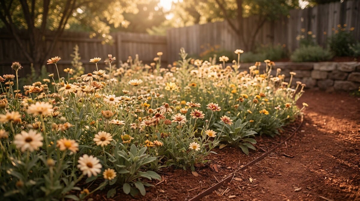 Prairie fleurie ensoleillée dans un petit jardin
