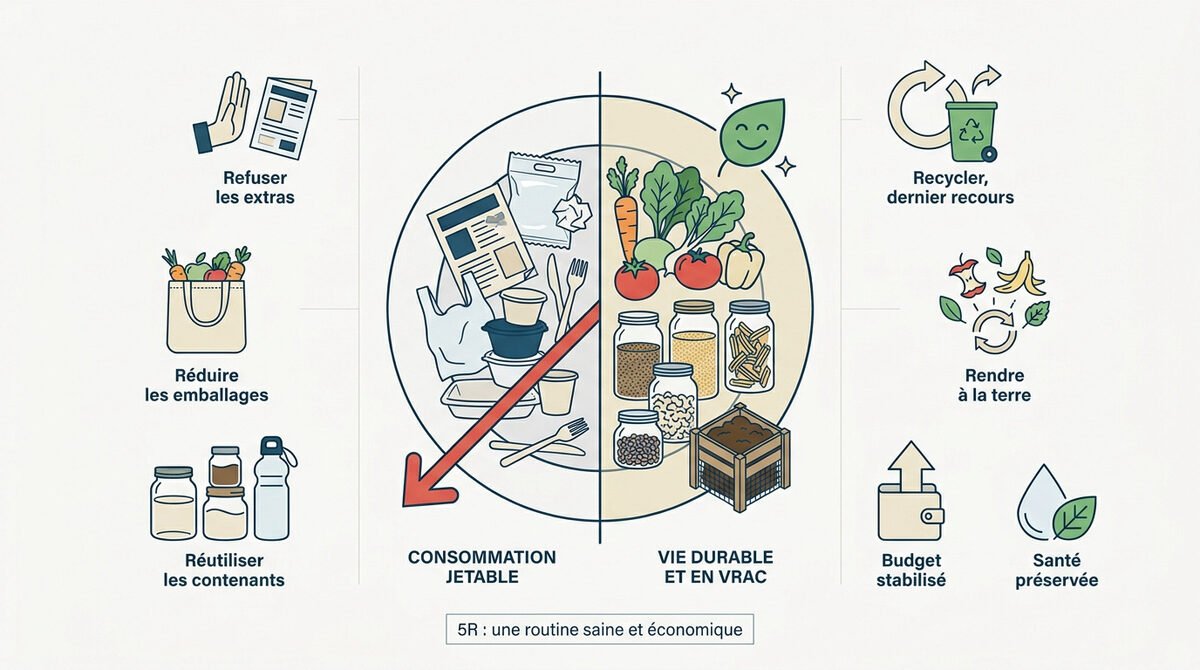 Schéma de la règle des 5R pour une cuisine zéro déchet efficace