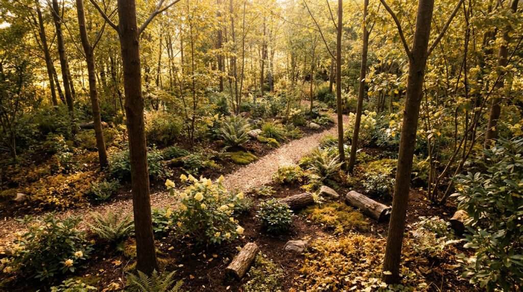 Micro-forêt nourricière au jardin avec sentier végétal