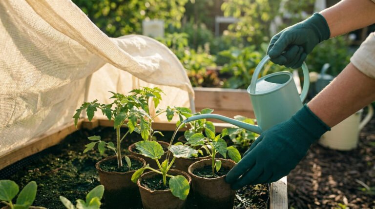 Personne portant des gants verts arrosant de jeunes plants en pots biodégradables avec un arrosoir bleu clair.