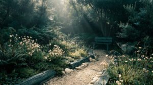 Un chemin de jardin bordé de fleurs sauvages menant à un banc en bois sous une forêt brumeuse au lever du soleil.