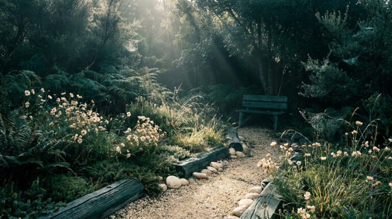 Un chemin de jardin bordé de fleurs sauvages menant à un banc en bois sous une forêt brumeuse au lever du soleil.