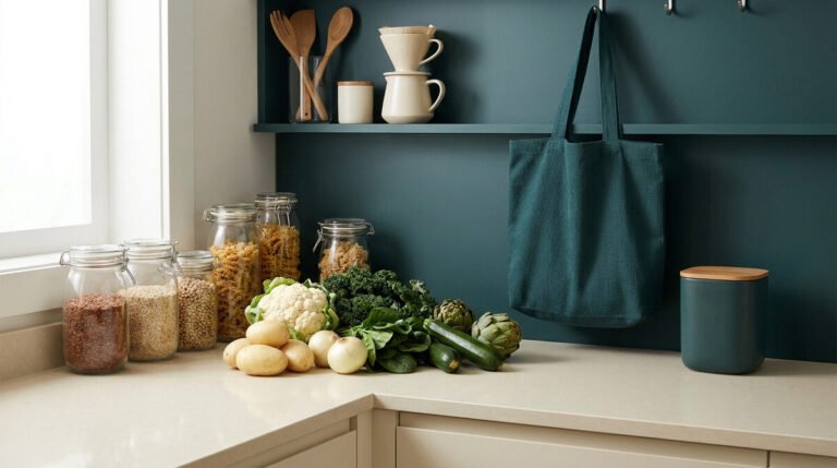 Comptoir de cuisine avec légumes frais, bocaux en verre et sac réutilisable sur un mur bleu profond.