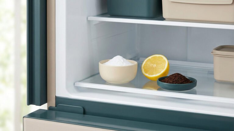 Bol de bicarbonate, demi-citron et marc de café sur une étagère de réfrigérateur.