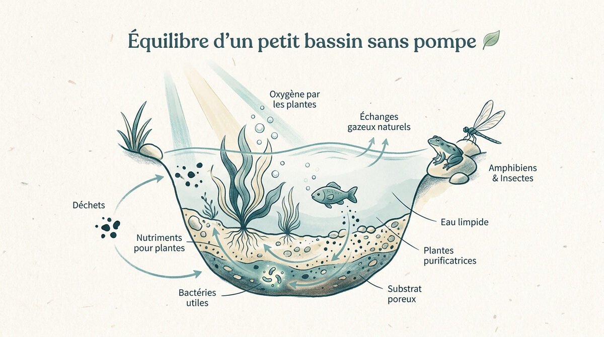 Petit bassin de jardin équilibré avec de nombreuses plantes aquatiques et une eau claire sans pompe