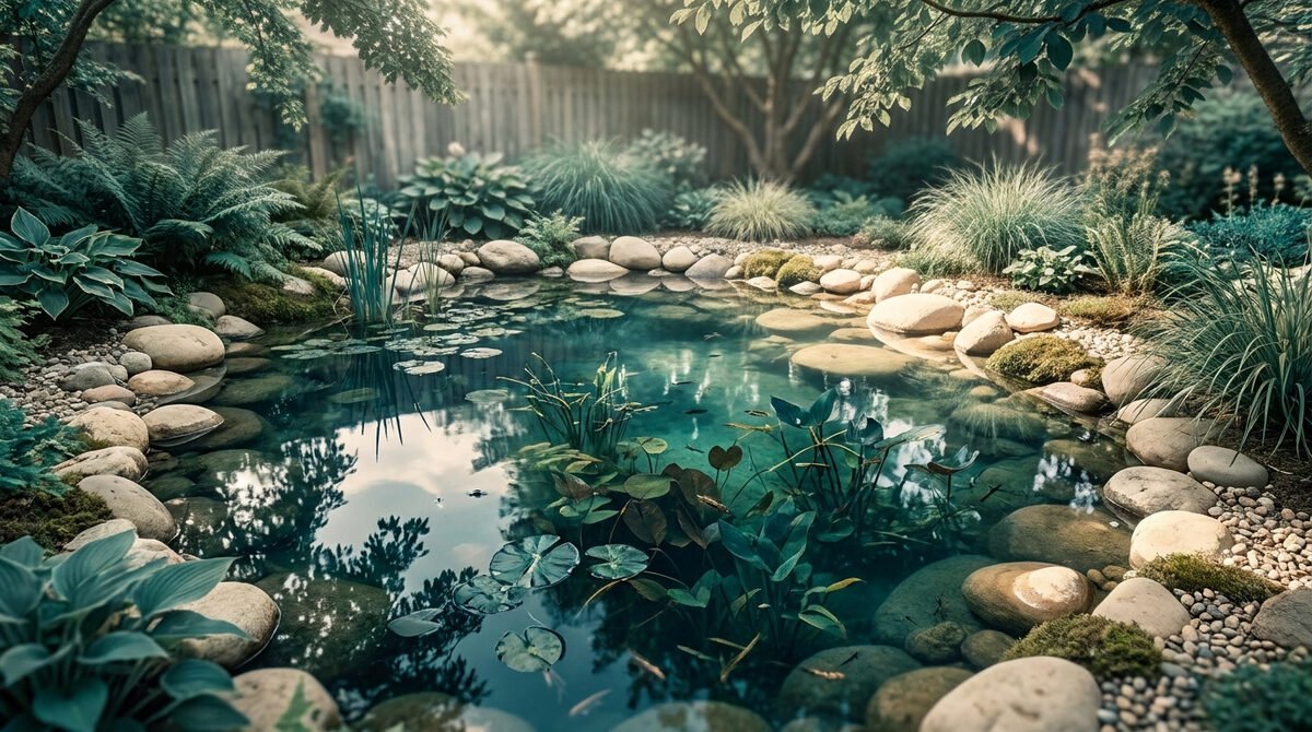 Un petit bassin de jardin paisible entouré de rochers, de fougères et de nénuphars, créant un écosystème naturel.