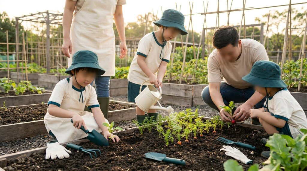 Une famille jardine ensemble dans un potager en carrés, les enfants utilisant des outils et un arrosoir.