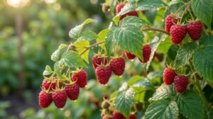 Gros plan sur des framboises mûres sur pied avec des gouttelettes d'eau sous la lumière douce du matin.