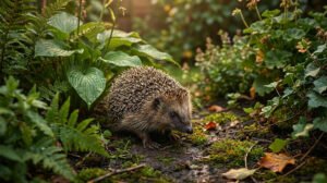 Un petit hérisson se déplace sur un sol moussu au milieu d'un jardin luxuriant avec des fougères et des fleurs.
