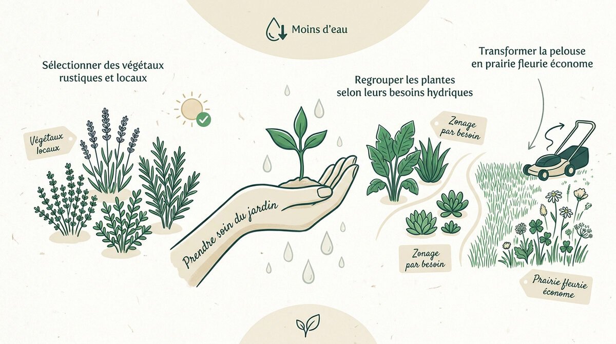 Infographie présentant les astuces pour économiser l'eau au jardin comme le paillage et la récupération d'eau de pluie