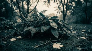 Une fougère et des hostas humides dans un jardin sombre après un orage, avec des feuilles mortes sur le sol boueux.