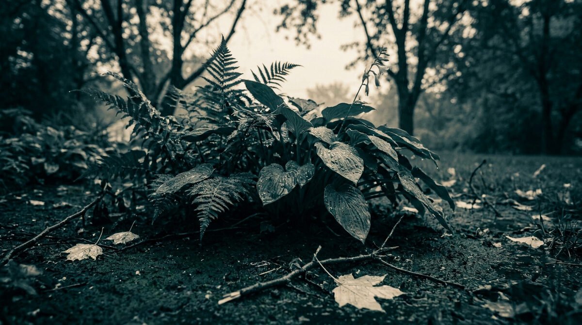 Une fougère et des hostas humides dans un jardin sombre après un orage, avec des feuilles mortes sur le sol boueux.
