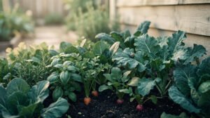 Une coccinelle sur une feuille de chou dans un potager diversifié avec des carottes, des radis et des herbes.