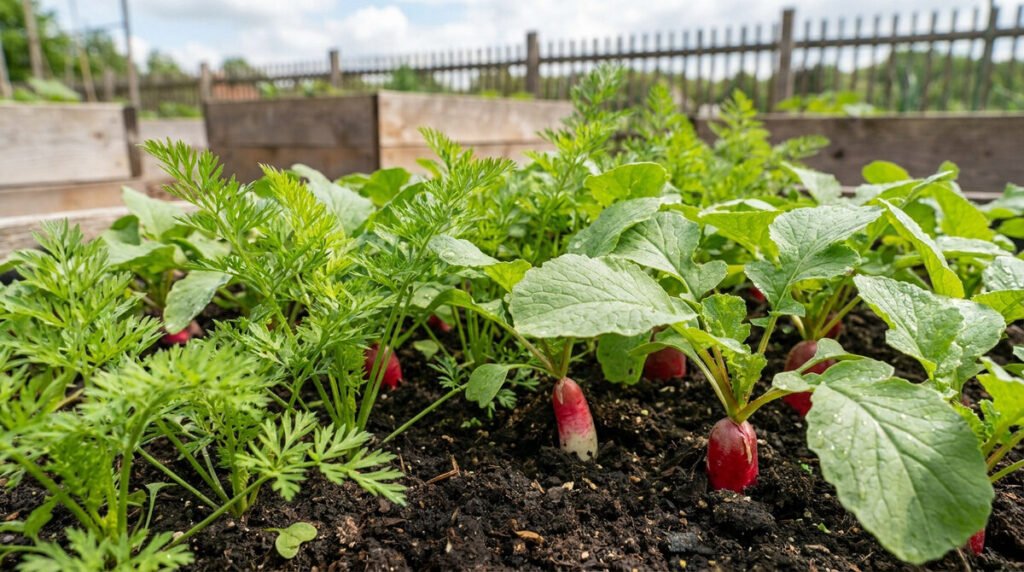 Jeunes pousses de carottes et radis rouges mûrs dans un potager avec des bacs en bois.