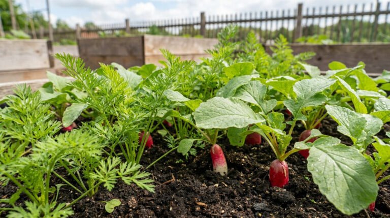 Jeunes pousses de carottes et radis rouges mûrs dans un potager avec des bacs en bois.