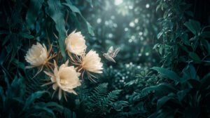 Un papillon de nuit vole vers des fleurs blanches épanouies dans un jardin luxuriant et sombre.