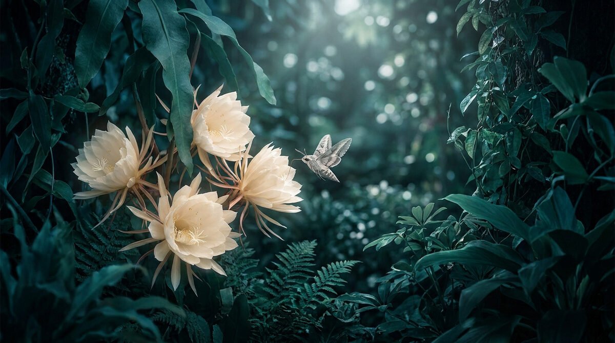 Un papillon de nuit vole vers des fleurs blanches épanouies dans un jardin luxuriant et sombre.