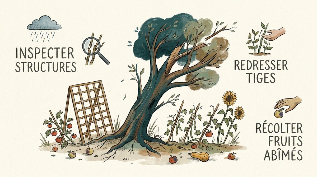 Jardin potager résilient après un orage avec des plantes redressées et un sol biné