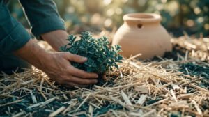 Mains de jardinier plantant une herbe aromatique dans un sol paillé à côté d'une olla en terre cuite.
