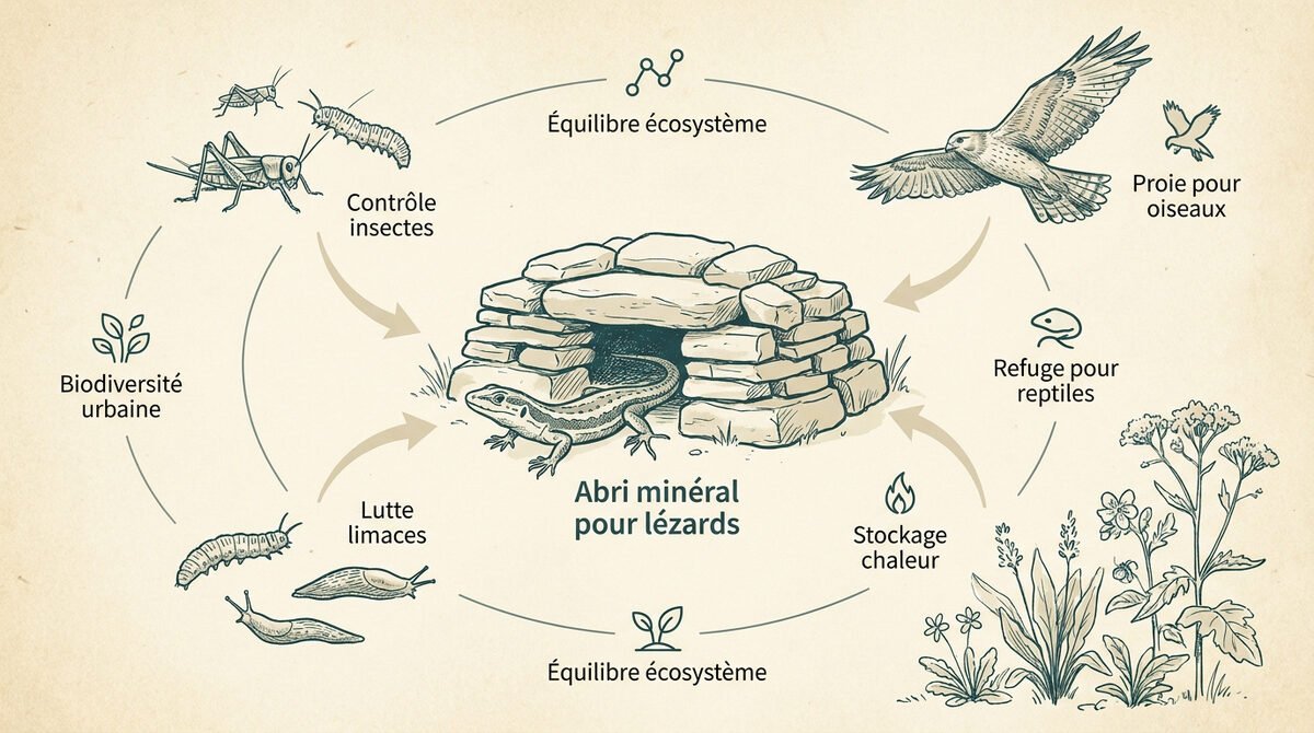 Aménagement d'un abri minéral pour les lézards dans un jardin en permaculture