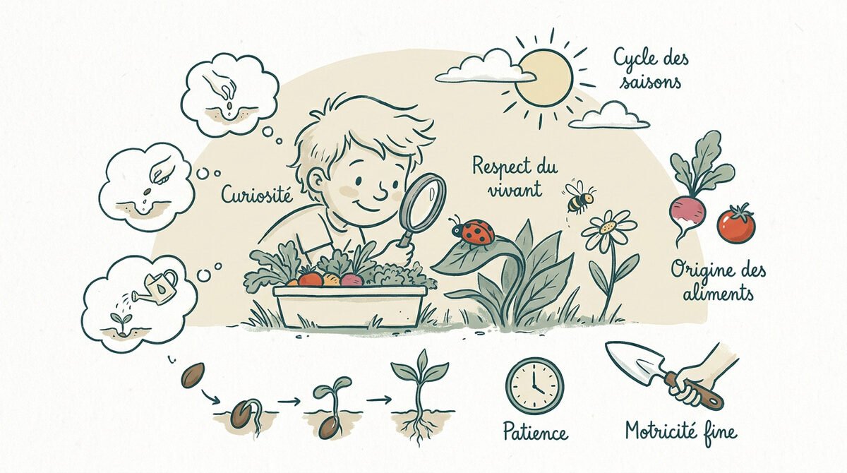 Un enfant souriant jardinant dans un potager pédagogique en bois avec des légumes frais