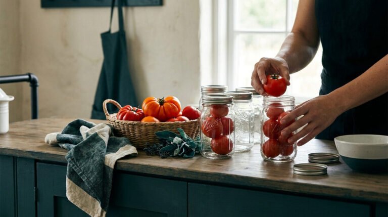 Une personne met des tomates cerises dans des bocaux en verre sur une table de cuisine en bois.