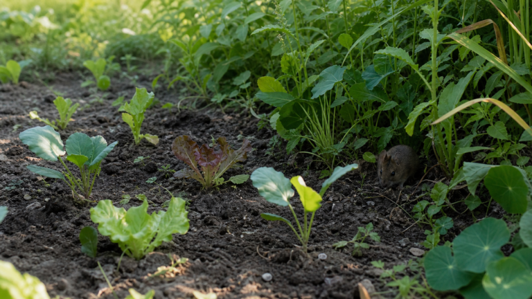 Mulot près de jeunes plants dans un potager naturel