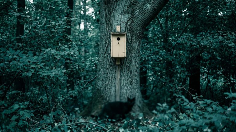 Un nichoir installé sur un tronc d'arbre dans une forêt dense, avec un chat noir flou au pied de l'arbre.