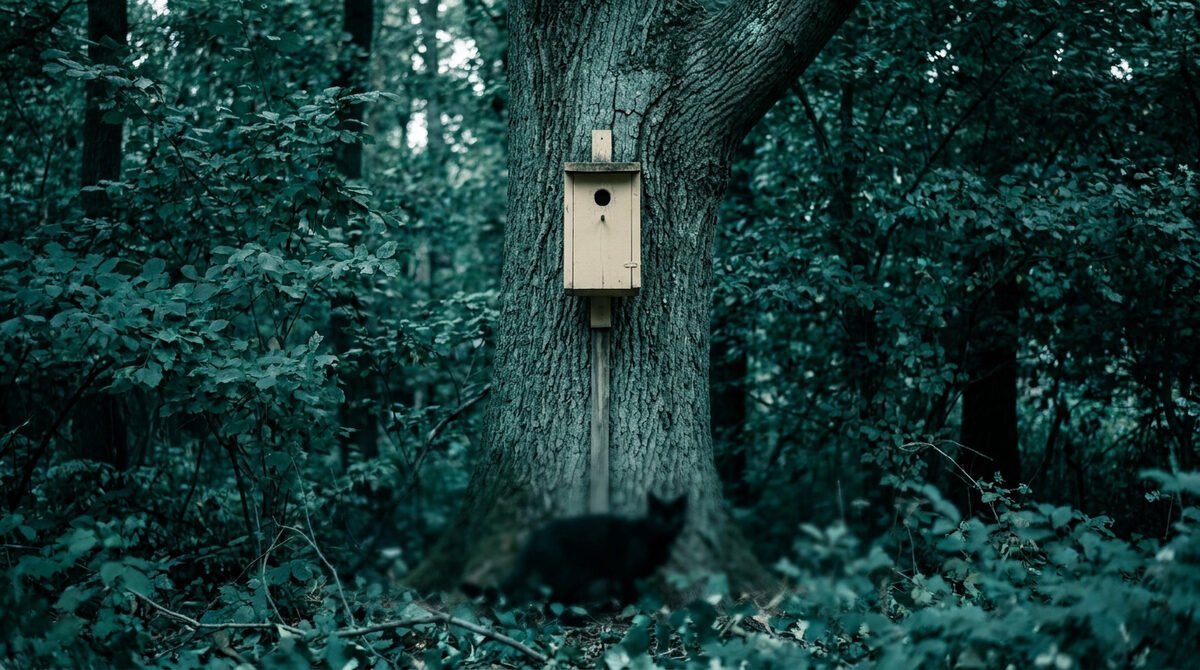 Un nichoir installé sur un tronc d'arbre dans une forêt dense, avec un chat noir flou au pied de l'arbre.
